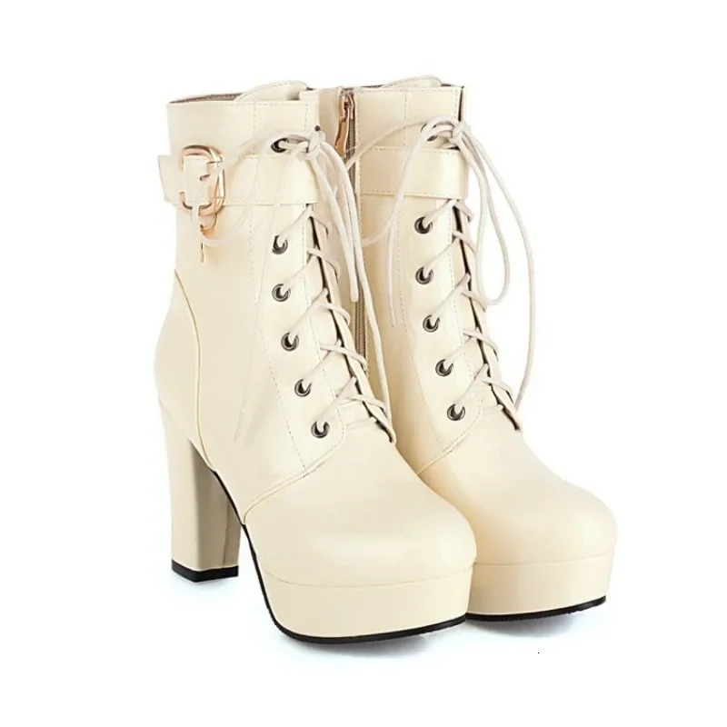 Lace Womens Ankle Boots 2024 Autumn/Winter Platform Fashion Short Boots UK Belt Buckle Thick Boots Womens Boots Size 33-48 240614