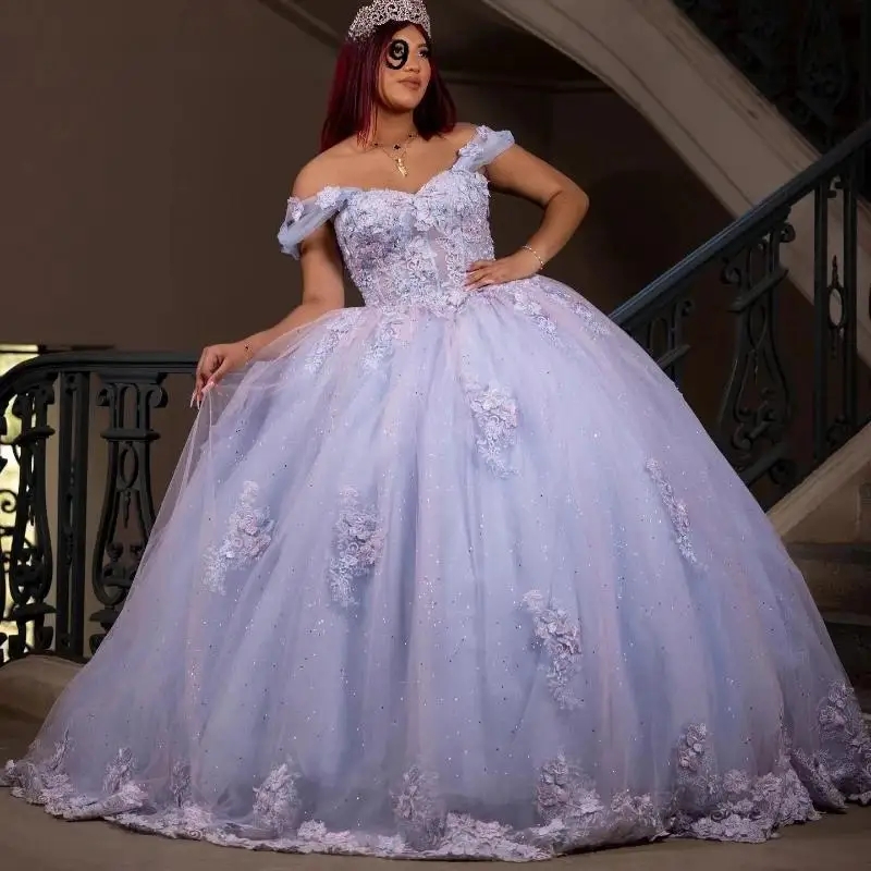 Mexican Sky Blue Off Shoulder Quinceanera Dress Ball Gown 3D Flowers Lace Applique Beading Tull Sweet 16 Vestido De 15 Anos