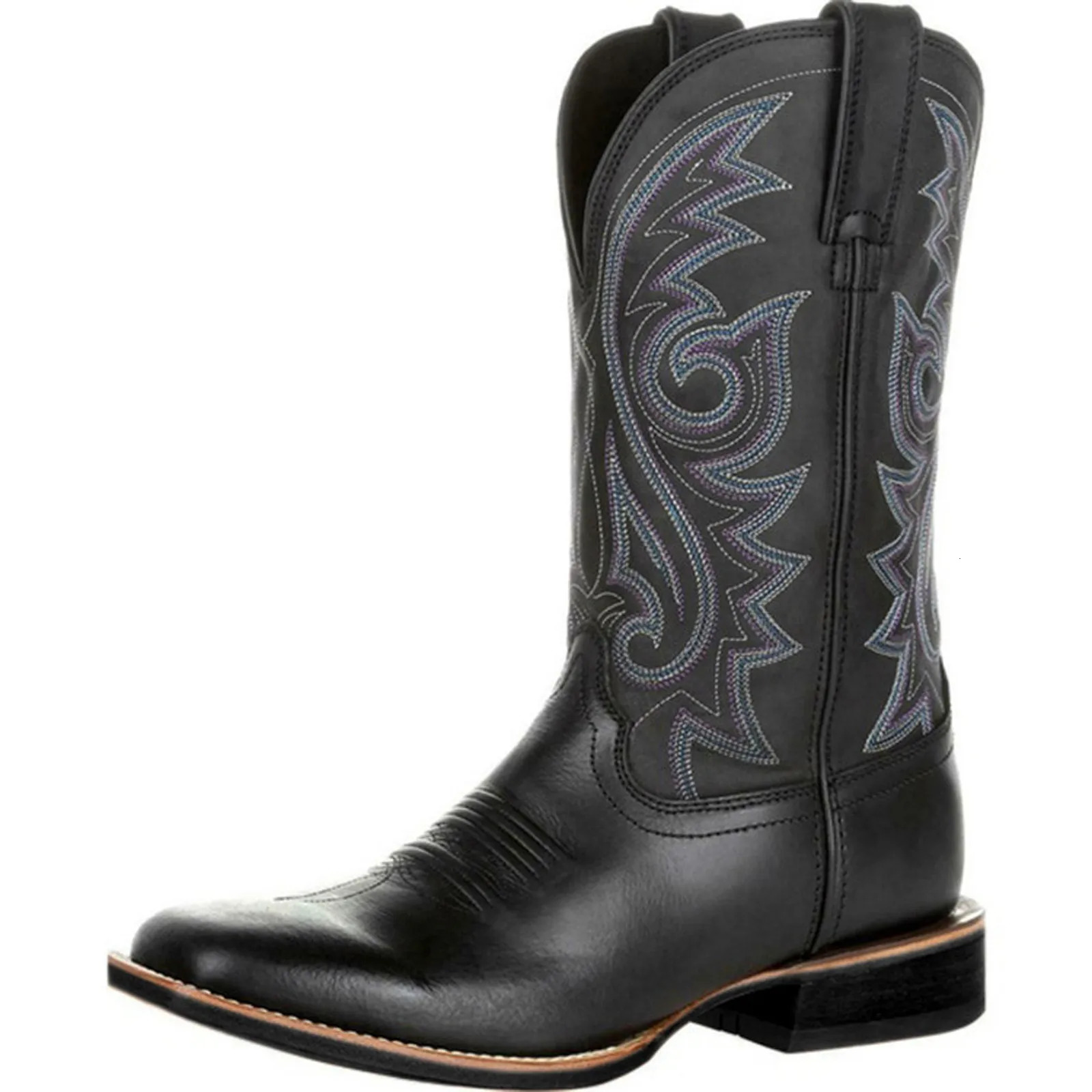 1 pair of mens leather retro embroidered boots with wide toe medium tube and thick soles 240614