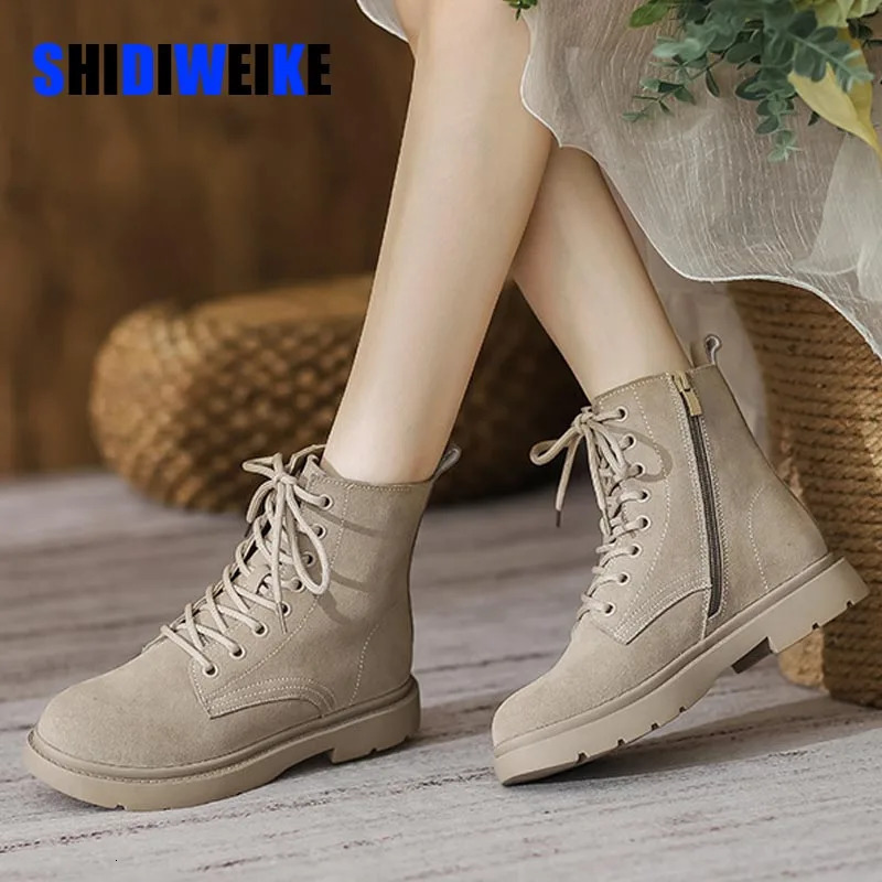 Womens Ankle Cow suede English lace square heel circular toe fur snow boots AD2873 240614