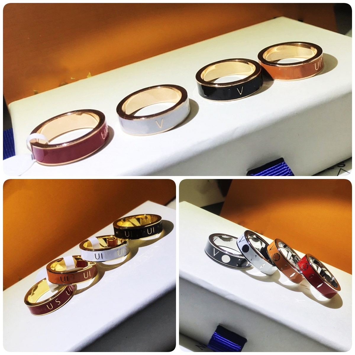 Love Rings Titanium steel jewelry wholesale V letter print four leaf flower gradient square ring couple foreign trade pattern ring fashion couple jewelry Size 5-11