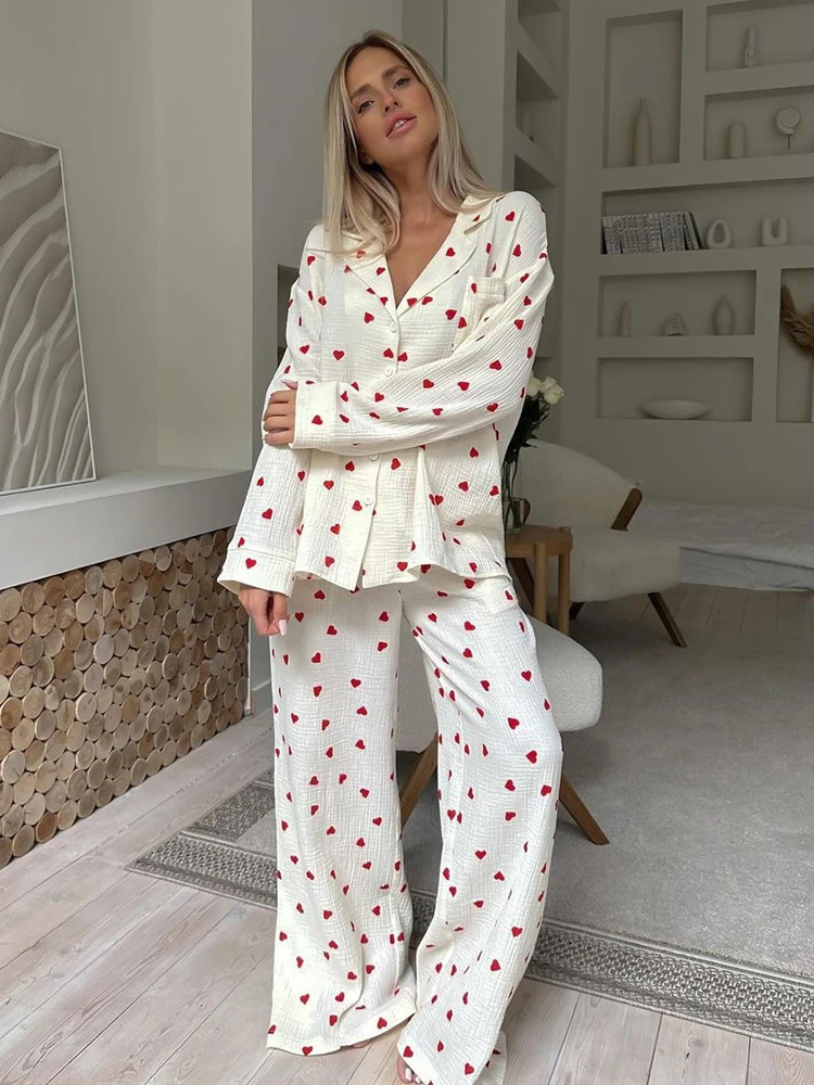 Hiloc Love Print Cotton Pajamas For Women SingleBreasted Pocket In Womens Sleepwear Lapel Long Sleeve Woman Clothing 240601