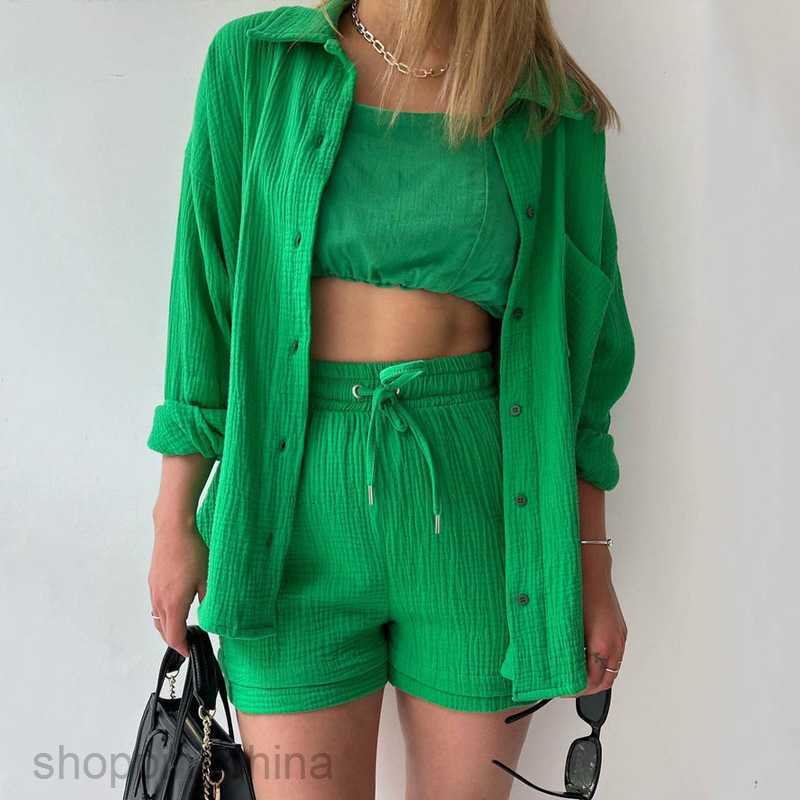 Women's Tracksuits new casual solid color button up shirt jacket drawstring shorts sports two-piece set Sets