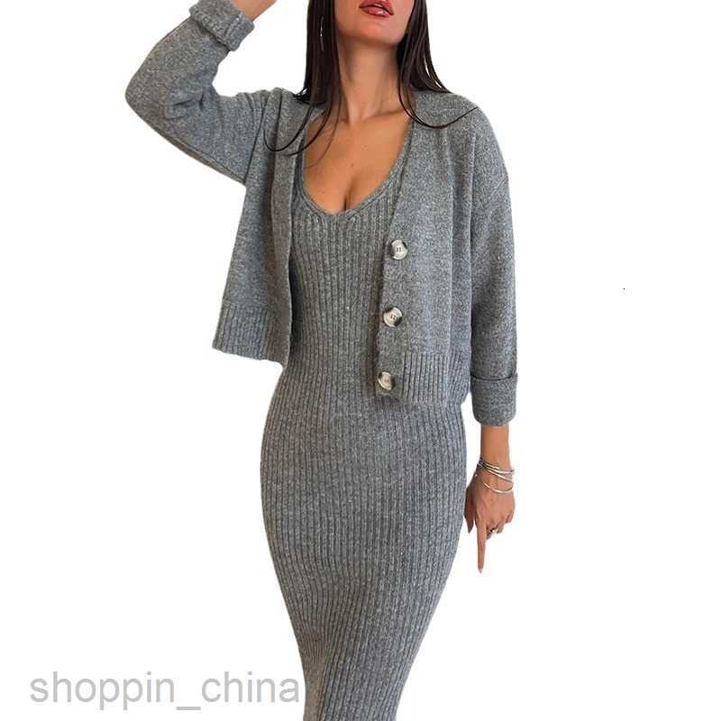 Basic Casual Women Dresses New Women's Fashion Sexy Sling Dress Two Piece Set Temperament Wrap Hip Long Dress Long sleeved Coat Set