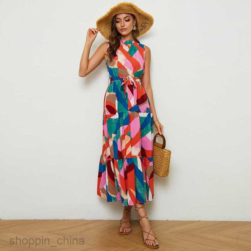 Basic Casual Women Dresses Women's summer collar print A-line Bohemian vacation style sleeveless dress for women JR2286