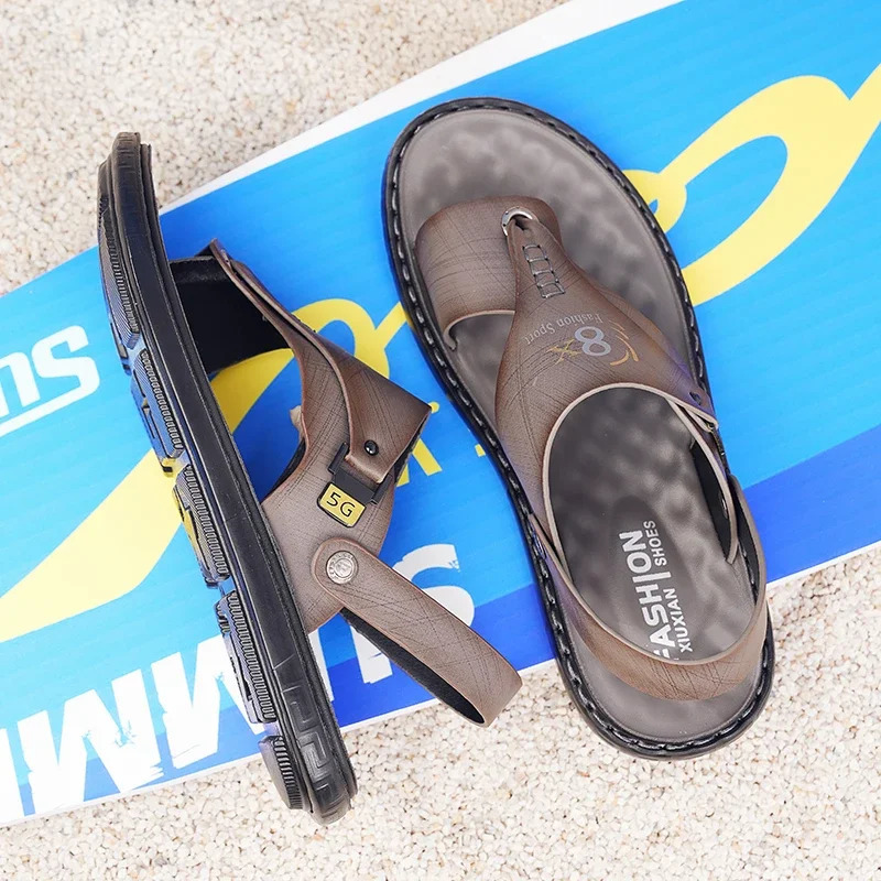 2024 Mens Genuine Split Leather Beach Sandals Casual Shoes Flip Sports Shoes Summer Sandals Platform 240615