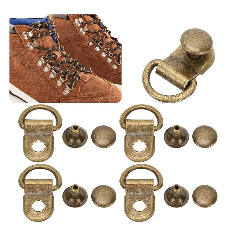 100 sets of 9X14mm bronze shoe hooks hiking shoe hooks shoelace hooks D-ring buckles brass shoe leather bags DIY rivet tools 240615