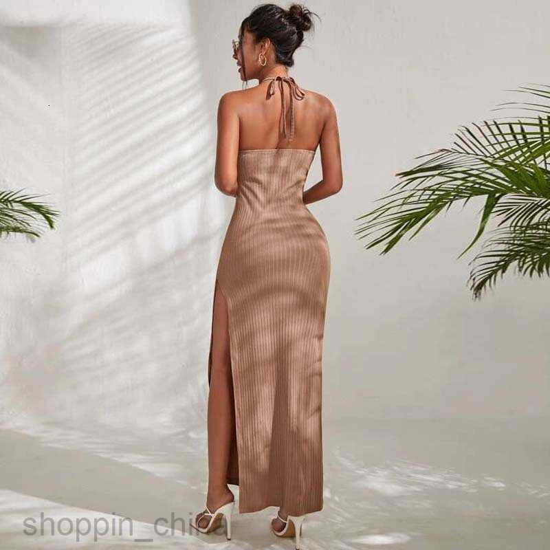 Basic Casual Women Dresses Cut Out Front Halter Neck Backless Slit Thigh Dress