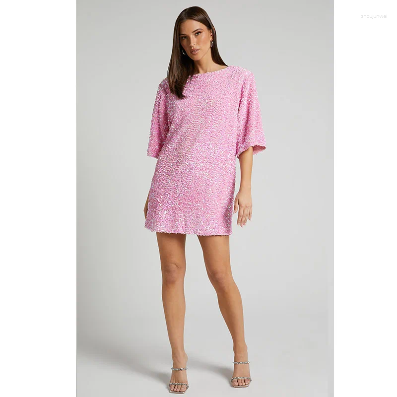 Party Dresses Women Sexy Sequins Dress Large Size Backless Lace Up Round Neck Female Causal Fashion Club Pullover Elegant Short Cloth