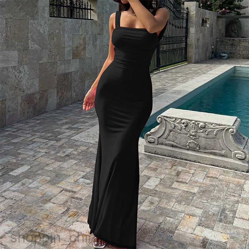 Basic Casual Women Dresses Summer Solid Color Slim Sleeveless Long Dress Women's Evening Dress PG846