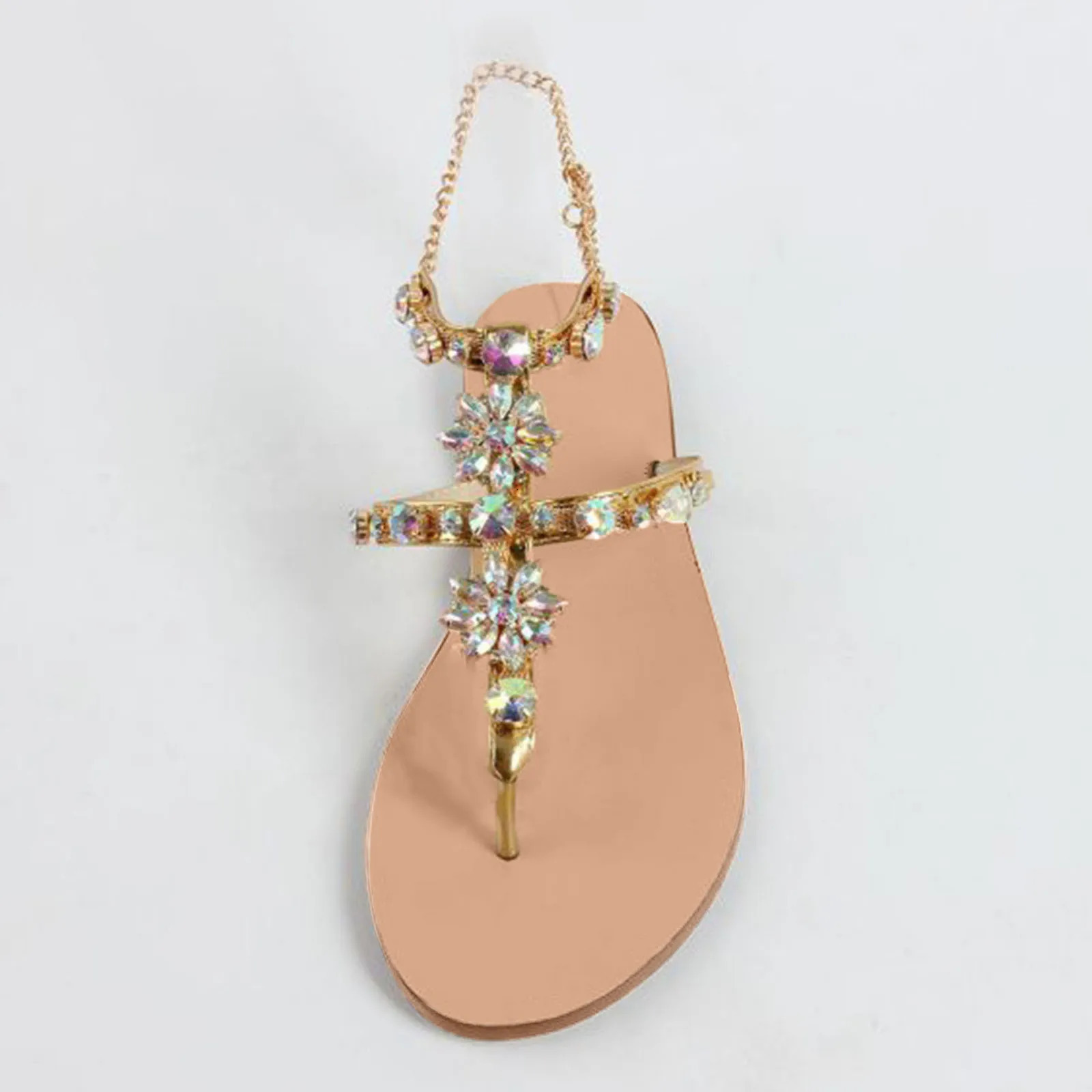 Womens Rhinestone Sandals Summer Beach Slippers Womens Clip Toe Chain Sandals Sparkling Crystal Casual Flat Shoes 240615