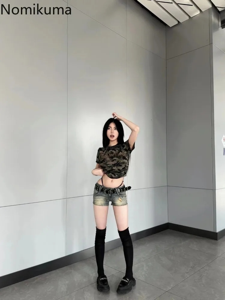 Cotton Tshirts Women Fashion Streetwear Camouflage Crop Tops Ropa Mujer Short Sleeve Oneck Tees Vintage Y2k Tshirt 27v910 240601