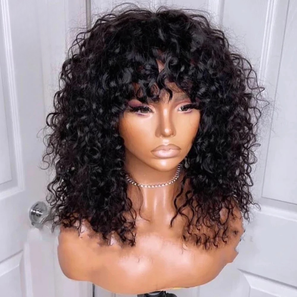 Free shipping Hot Short Wigs with Bangs Loose Curly Bob Bang Human Hair Brazilian Glueless Synthetic Lace Front Wig
