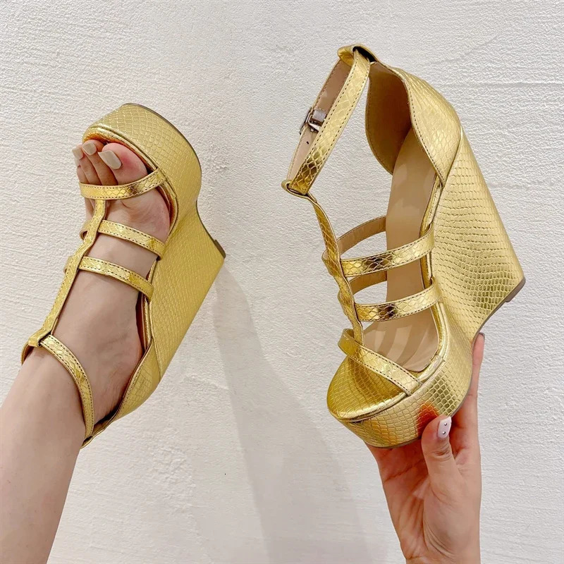 Eilyken Summer Golden Open Toe Narrow Band Platform Wedges Woman Sandals Fashion Hollow Out Thick Bottom High Heels Shoes 240615