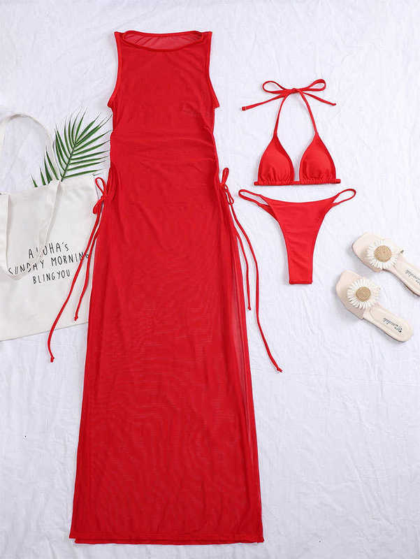 Women Sexy Swimwear New Sun Protection Cover Up Bikini Women's Multicolored Beach Long Dress Swimsuit Three Piece Set