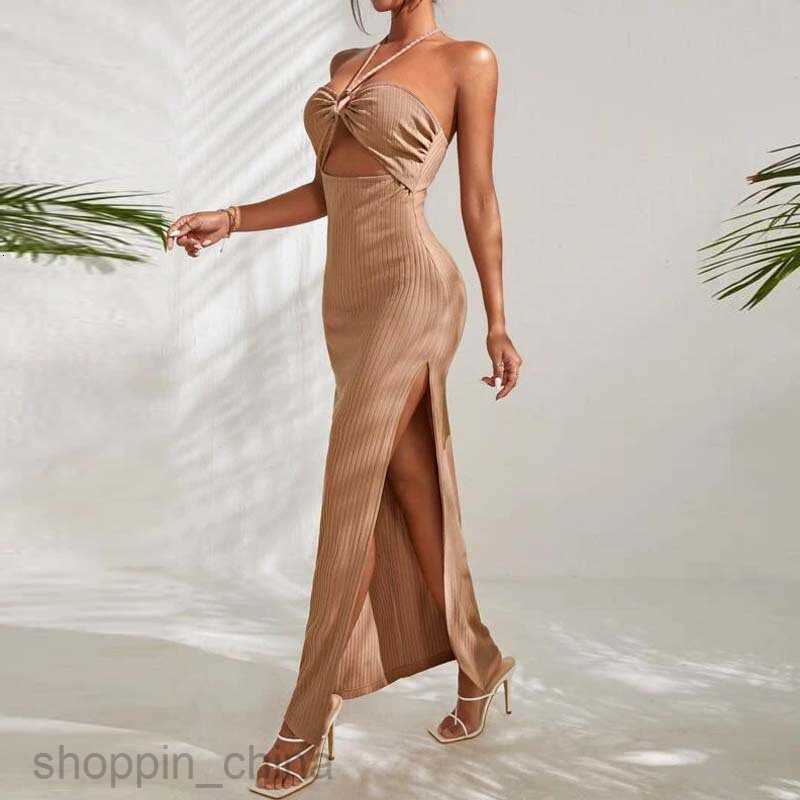 Basic Casual Women Dresses Cut Out Front Halter Neck Backless Slit Thigh Dress