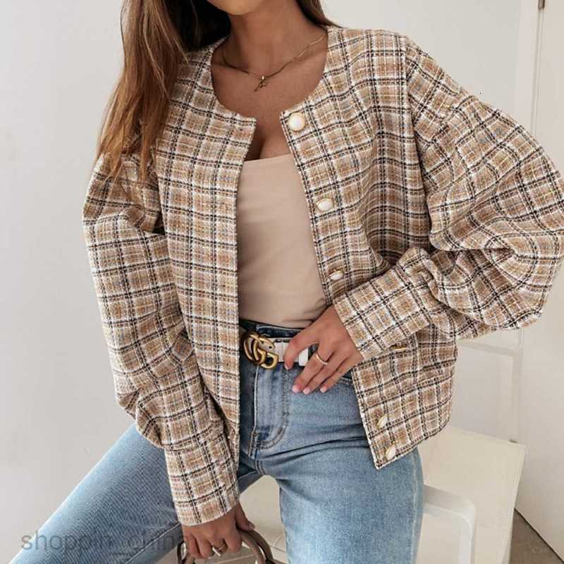 Women Jackets Coats New Spring and Autumn checkered long sleeved short jacket for women PG0603