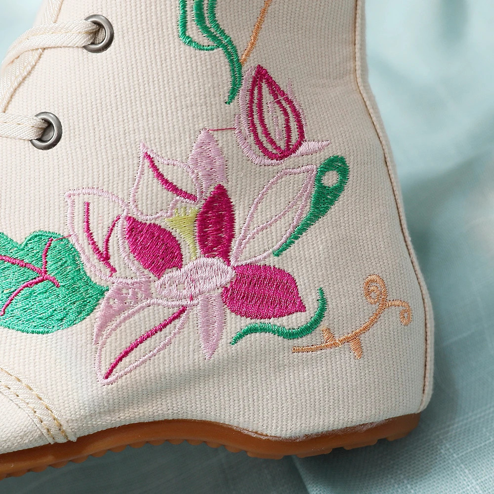 Veowalk Handmade Flower Embroidery Womens Cotton Fabric Ankle Boots Womens Lace Top Casual Short Boots Shoes Ship Unprinted Good Product 240614