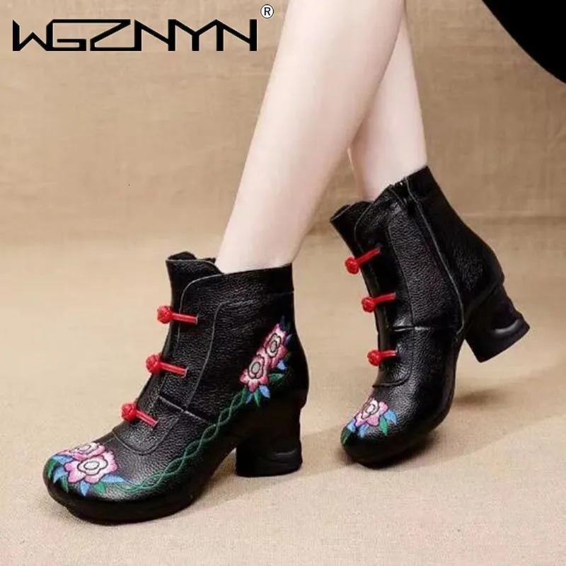 Flower ankle womens boots autumn and winter genuine leather womens boots retro handmade comfortable shoes high heels Botas Mujer 240614