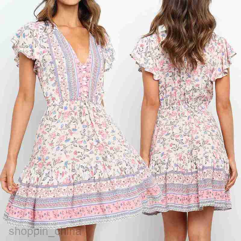 Basic Casual Women Dresses Summer Women's Fashion V-neck Short sleeved Positioned Printed Lace up Cotton Dress JR1266