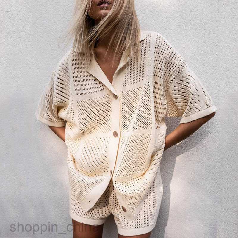 Women's Tracksuits New casual short sleeved V-neck hollowed out shirt shorts, solid color sports two-piece set for girls Sets