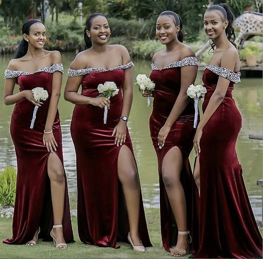 African Sexy Burgundy Velvet Mermaid Bridesmaid Dresses High Side Split Off Shoudler Silver Crystal Beaded Plus Size Wedding Guest Dresses Maid of Hon
