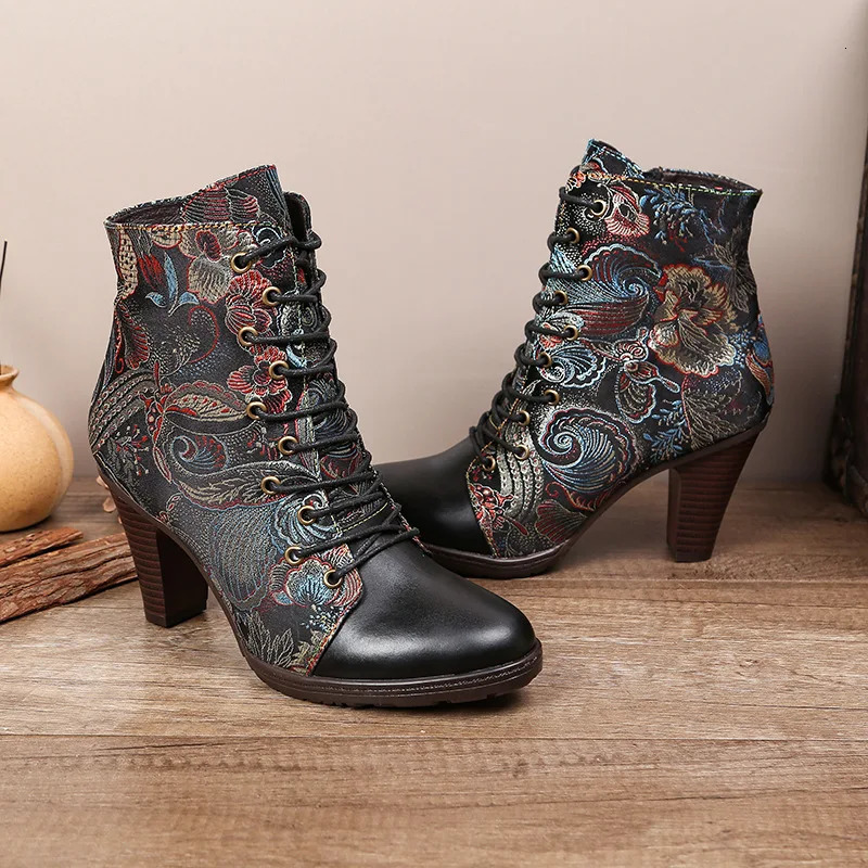 Johnnature Ankle Boots Womens Shoes Leather 2024 Ethnic Style Pointed Toe Handmade Fashion High Heels Modern Boots 240614