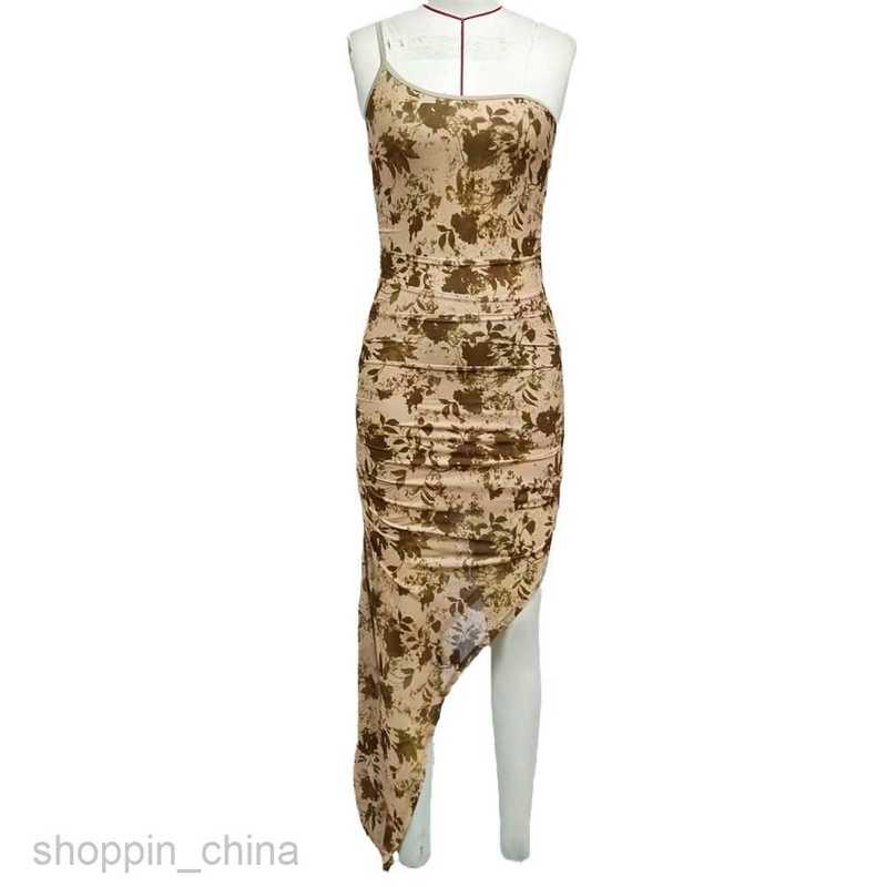 Basic Casual Women Dresses Summer New Print Back Irregular One Shoulder Strap Sexy Dress PG978