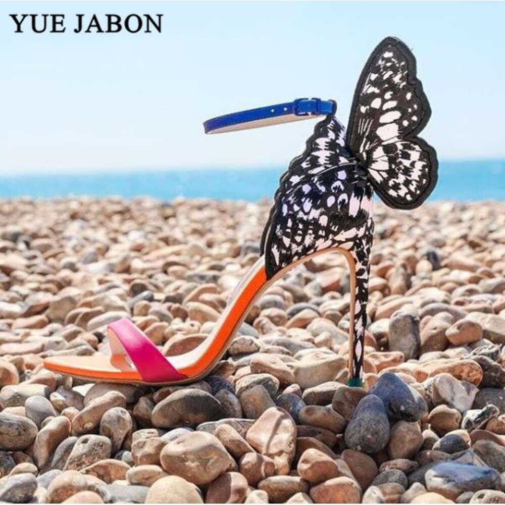Metallic Embroidered Butterfly Wings Heel Sandals Women Stiletto Jeweled High Heels Summer Party Dress Wedding Shoes