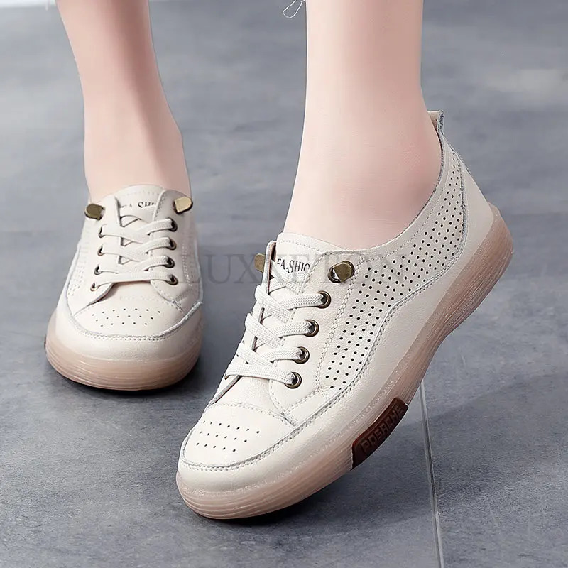 Women Flat Shoes Summer Breathable Cutout Casual Shoes Ladies Soft Bottom Genuine Leather Flats White Shoes Woman 240619
