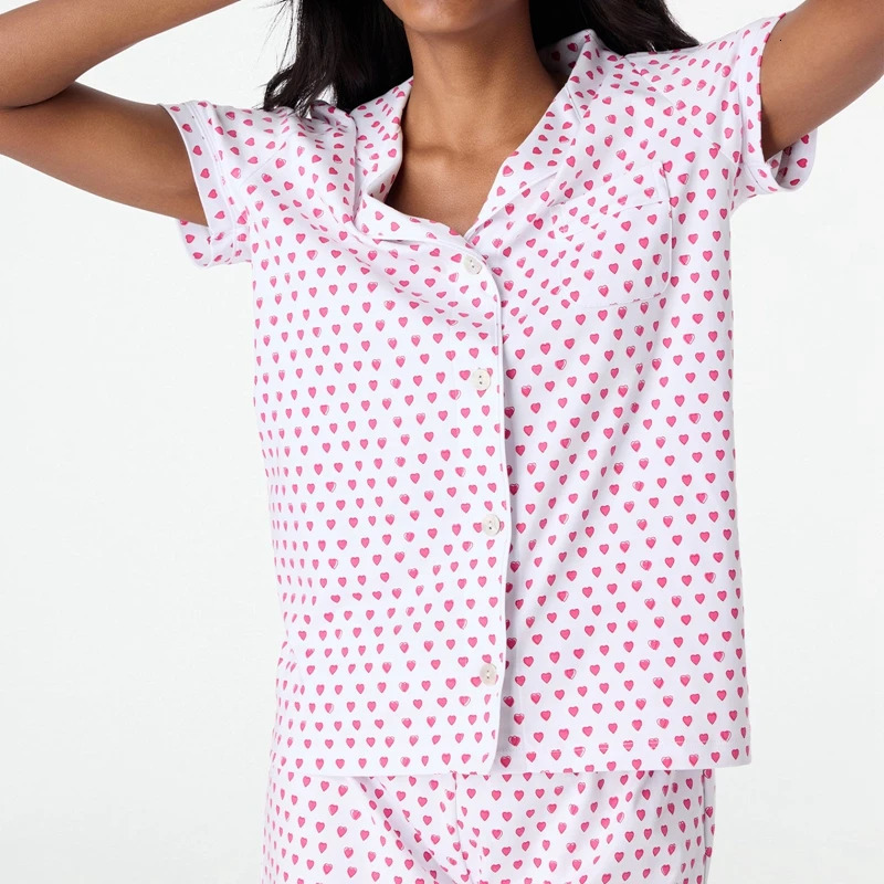 Women 2 Piece Pajama Set Heart Print Short Sleeve Button Up Blouse Tshirt Top Shorts Sleepwear Loungewear for Valentines Day 240601