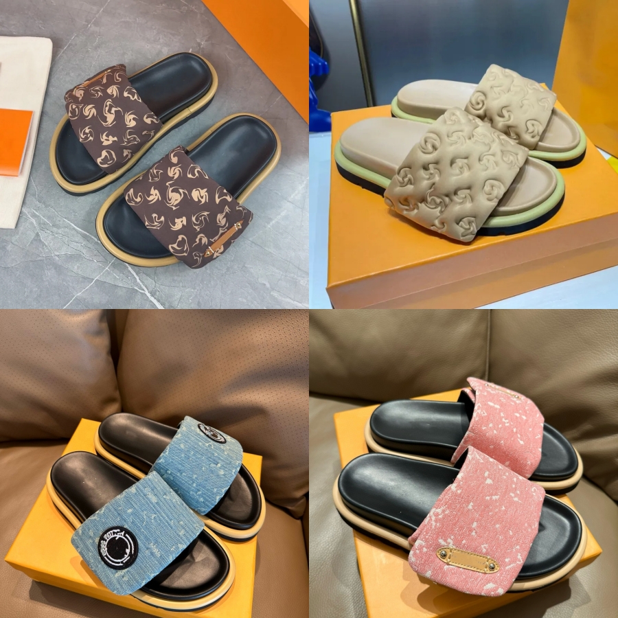 Designer Slippers Pool Pillow Slides High Quality Summer Slippers For Women Denny Denim Men Sandals Flat Mules Sunny Badge Fashion Beach Shoes Free Shipping