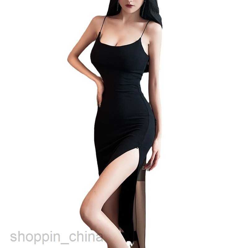 Basic Casual Women Dresses Women's suspender slit sexy pure desire slim solid color mid length dress PG3038