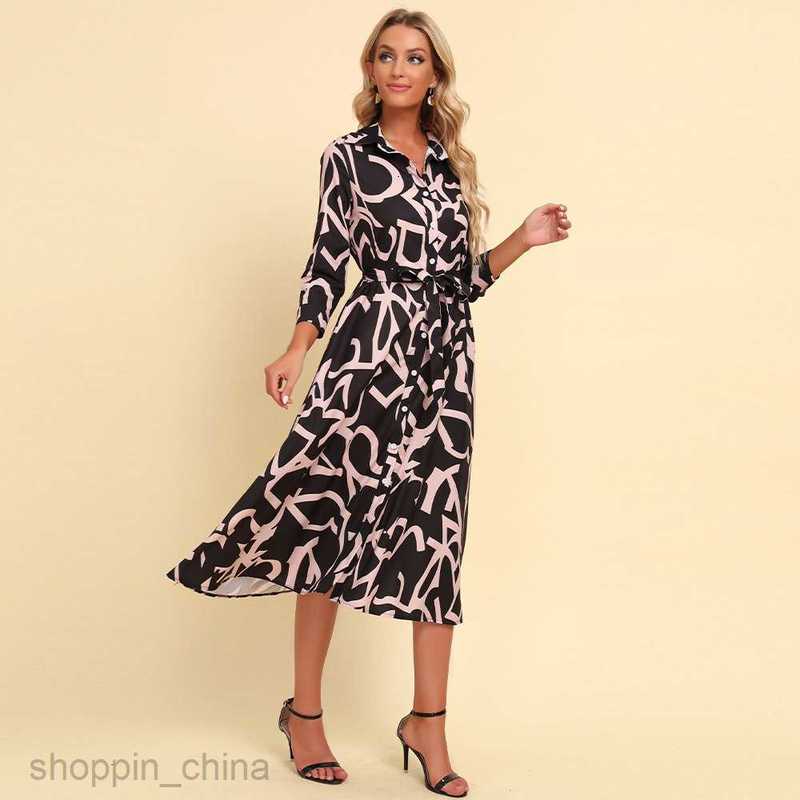 Basic Casual Women Dresses Spring and Autumn New Polo Collar Print Waist Wrap for Slimming Leisure Fashion Dress for Women PG1600