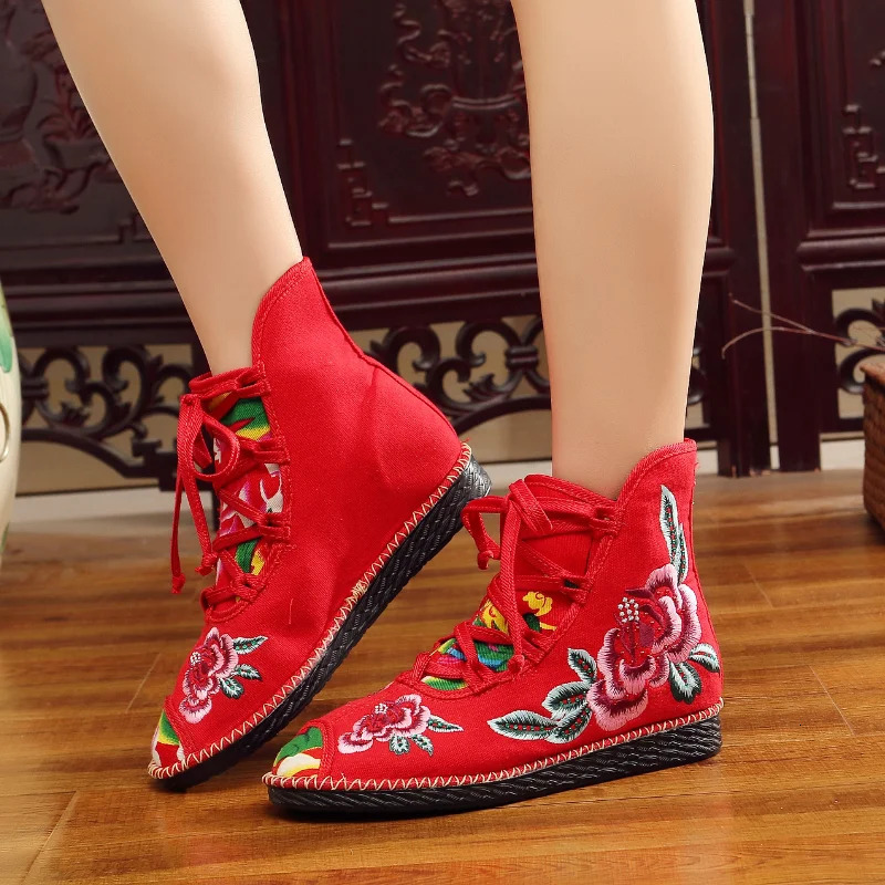Retro floral embroidery womens canvas boots hidden wedge high heels womens platform shoes comfortable boots retro boat De Mujer 240614