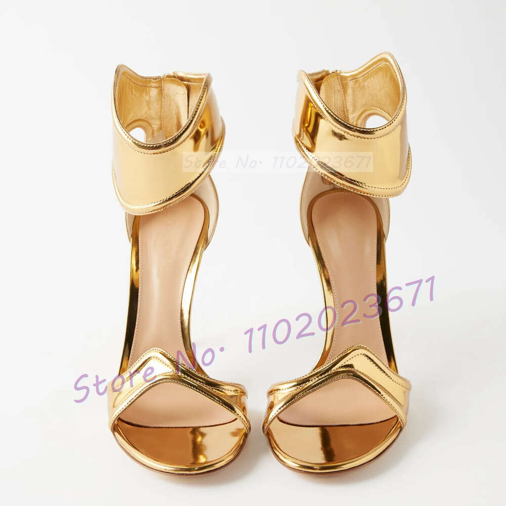 Gold Curved Straps Open Toe Women Mirrored-Leather High Heels Stylish Shoes Ladies Elegant Back Zipper Party Sandals