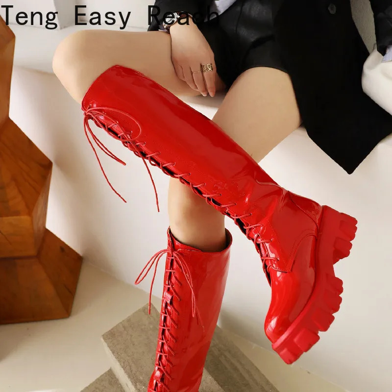 Womens thick soled motorcycle boots womens knee high boots autumn and winter patented womens lace up casual boots red size 35-43 240614