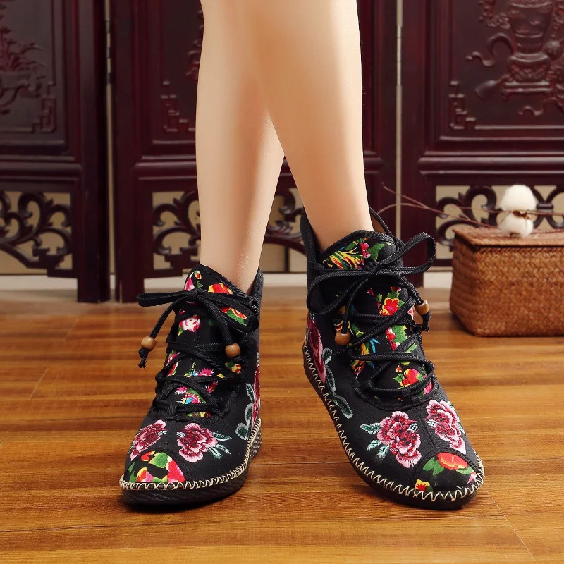 Retro floral embroidery womens canvas boots hidden wedge high heels womens platform shoes comfortable boots retro boat De Mujer 240614