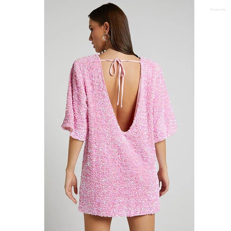 Party Dresses Women Sexy Sequins Dress Large Size Backless Lace Up Round Neck Female Causal Fashion Club Pullover Elegant Short Cloth
