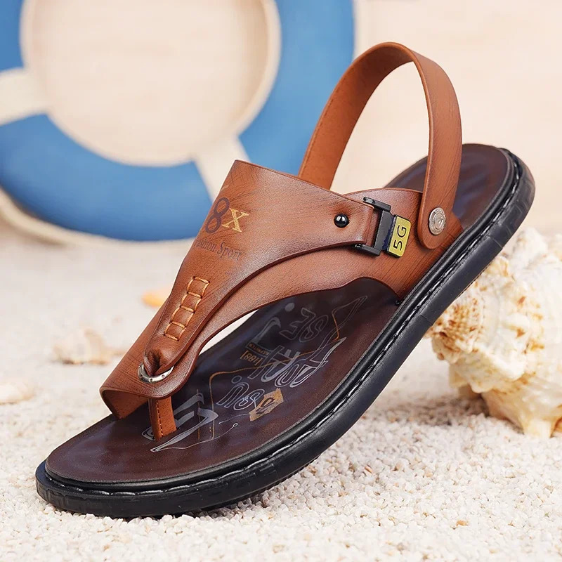 2024 Mens Genuine Split Leather Beach Sandals Casual Shoes Flip Sports Shoes Summer Sandals Platform 240615