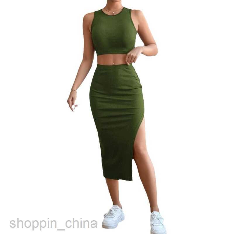 Two Piece Dress Sets Women's sexy suit Crop Tank Top&Split Thigh Skirt