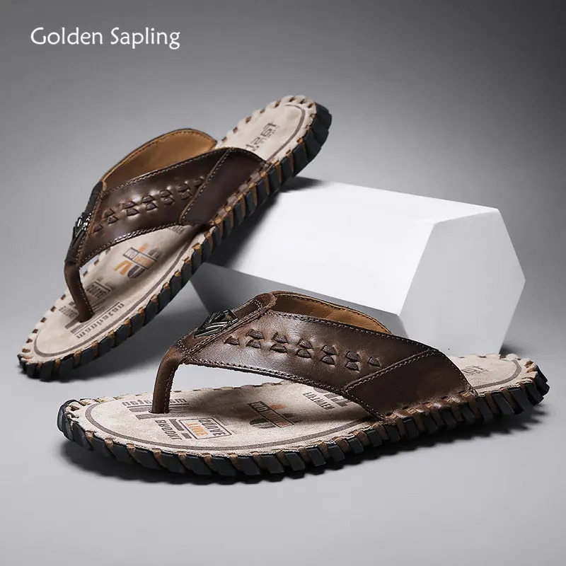 Golden Sapling Beach flap summer mens shoes genuine leather apartment retro mens shoes fashion outdoor slider casual shoes 240615