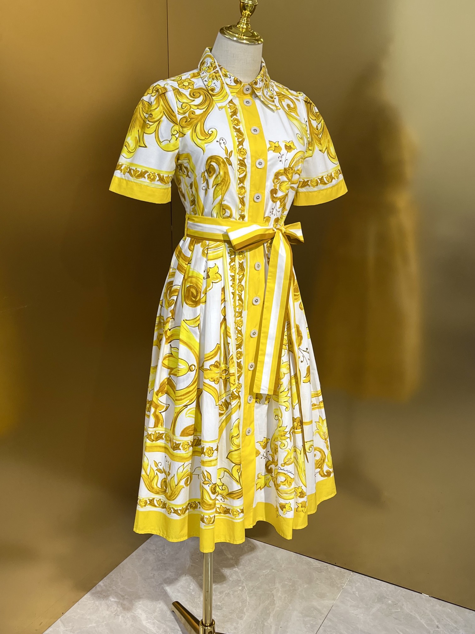 European Designer Designs 2024 New Yellow Porcelain Cotton Cloth Waist Wrap Custom Button Shirt Dress