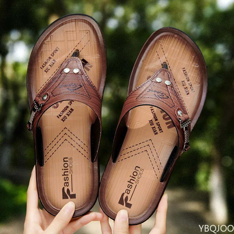 Handmade leather slider summer fashionable mens flip outdoor slider breathable and comfortable mens flip large size 240615