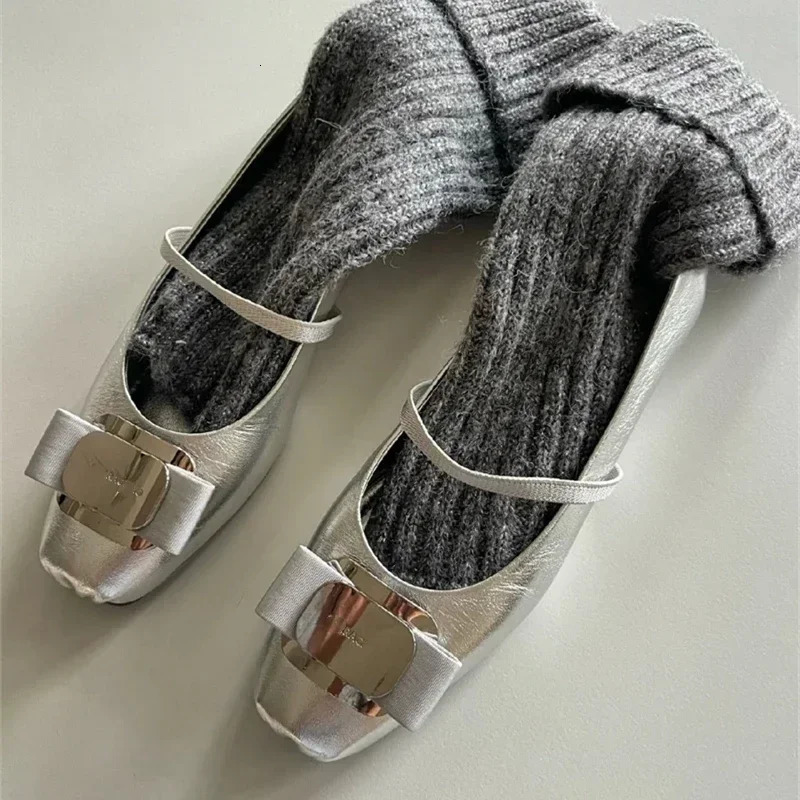 Silver Ballet Shoes Womens French Square Headed Shallow Mouth Flat Bottom Straight Line with Mary Jane Single 240614