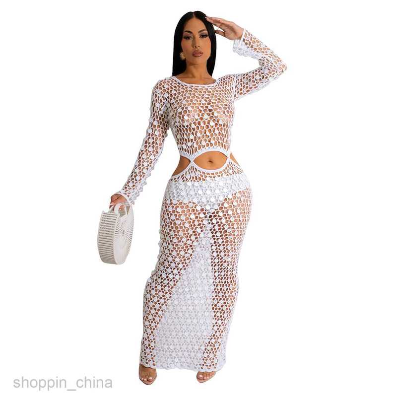 Basic Casual Women Dresses New Women's Handmade Knitted Casual Hollow out Sequins Beach Long Dress