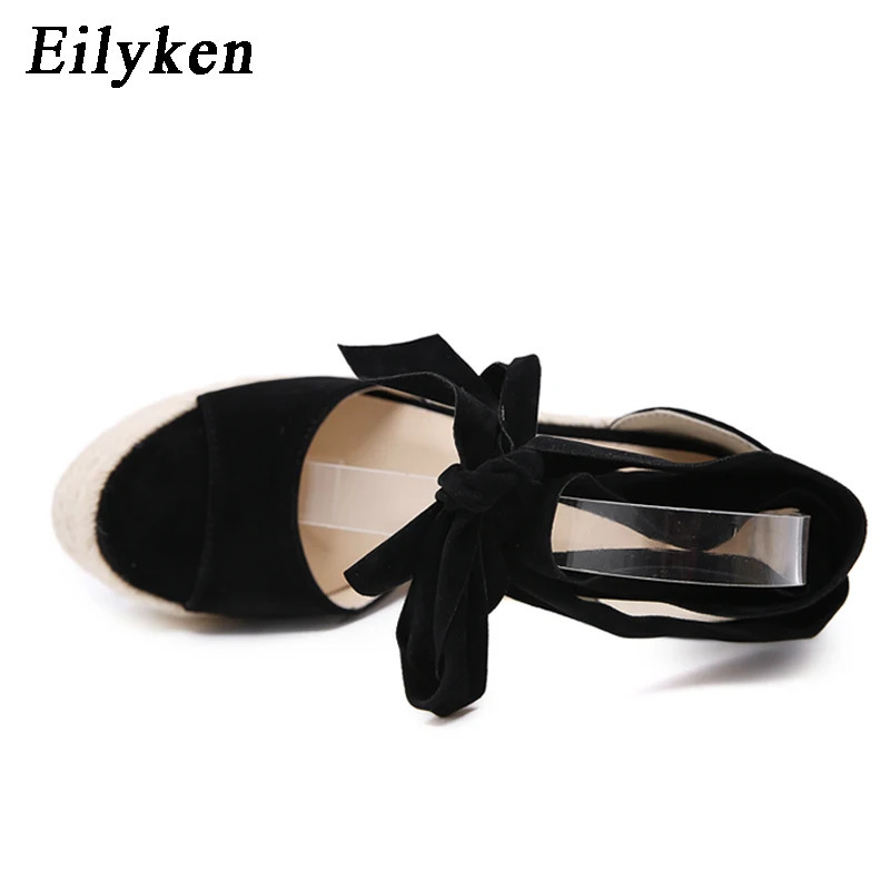 EilyKen Women Summer Butterfly Knot Solid Black Open Toe Sandals Fashion Platform High Heel Wedge Shoes Ankle Bowtie Dress Pumps 240615