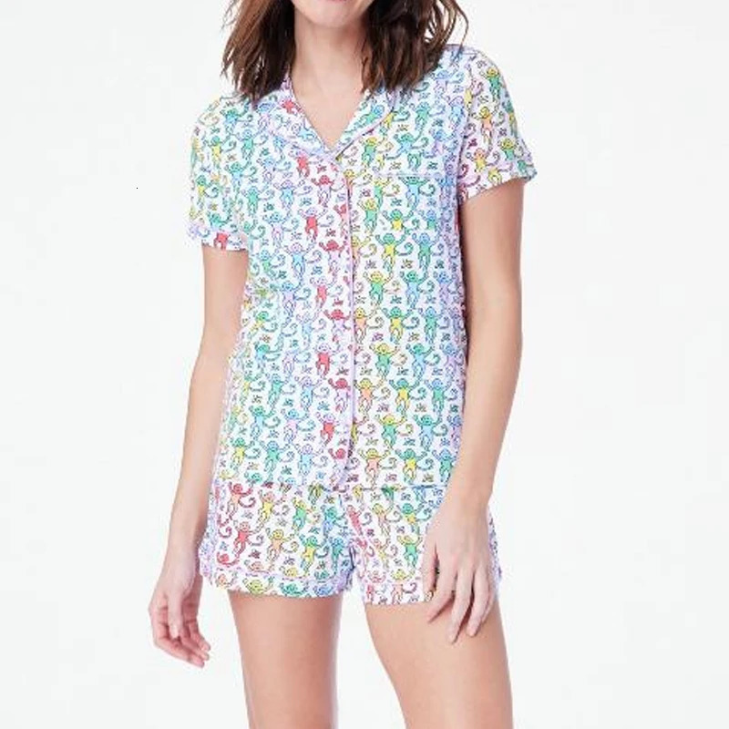2025Rainbow Monkey Print Comfy Lounge Pama Y2K Vintage Short Sleeve Blouse Shirt Top Shorts 2 Piece Set Outfits Women Sleepwear