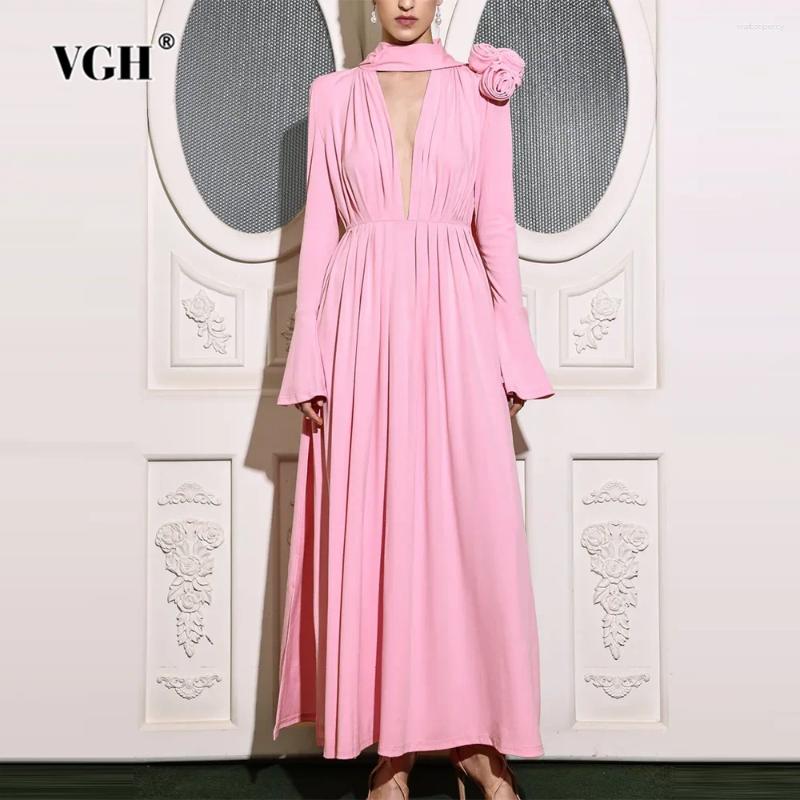 Casual Dresses VGH Solid Patchwork Applqies Elegant Dress For Women V Neck Flare Sleeve High Waist Spliced Lace Up Temperament Female