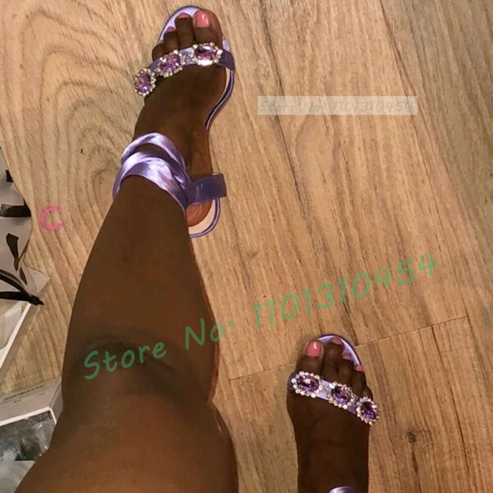 Light Purple Ribbon Sandals Women Elegant Gem-Encrusted High Heels Female Open Toe Silk Lace-Up Sparkly Party Shoes